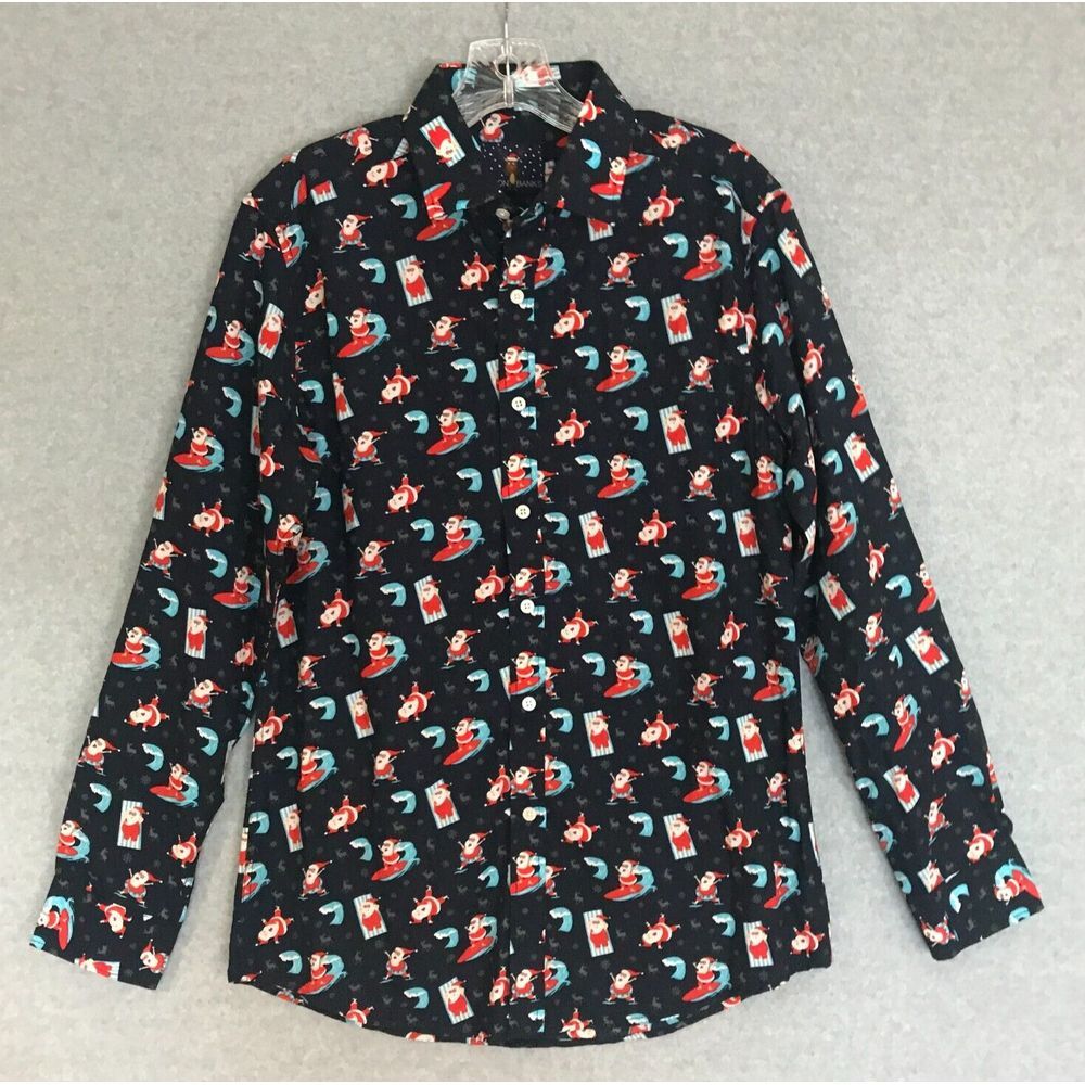 NEW!‎ Santa Surfing Christmas Shirt Mens Small Black Button-Up Long Sleeve NWOT